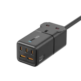 Promate 75W GaNFast Multi-Port Power Strip with AC Socket, 3 USB-C Power Deliver Ports, Dual QC 3.0 Ports, Multi-Protection System, 75W Max output, 2M Cable Length, Black | PowerBrix-GaN75