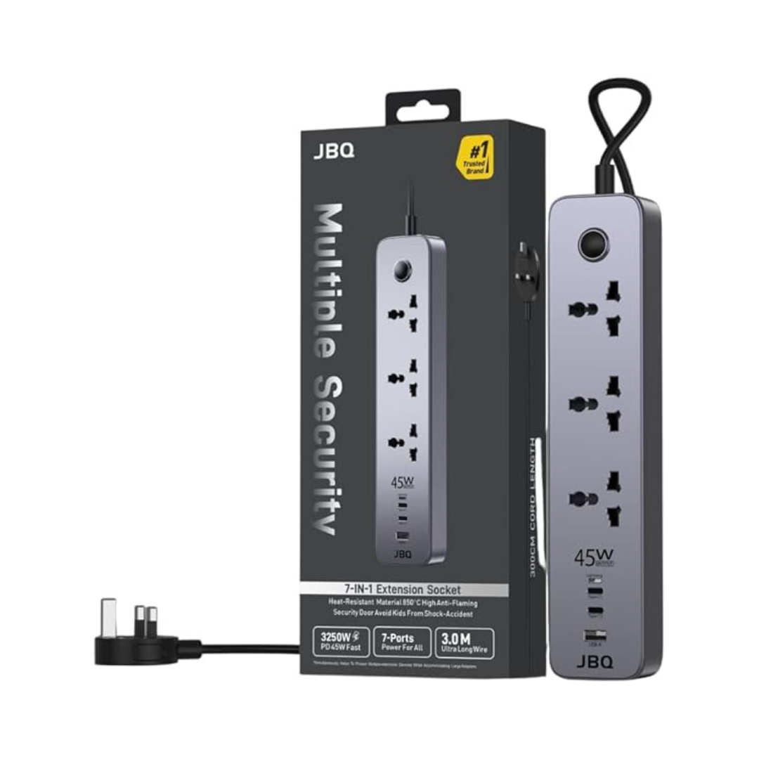 JBQ 7-in-1 Extension Cord Power Strip with USB-C 45W Fast Charging, Multi Plug Socket, 3M Heavy Duty Cable