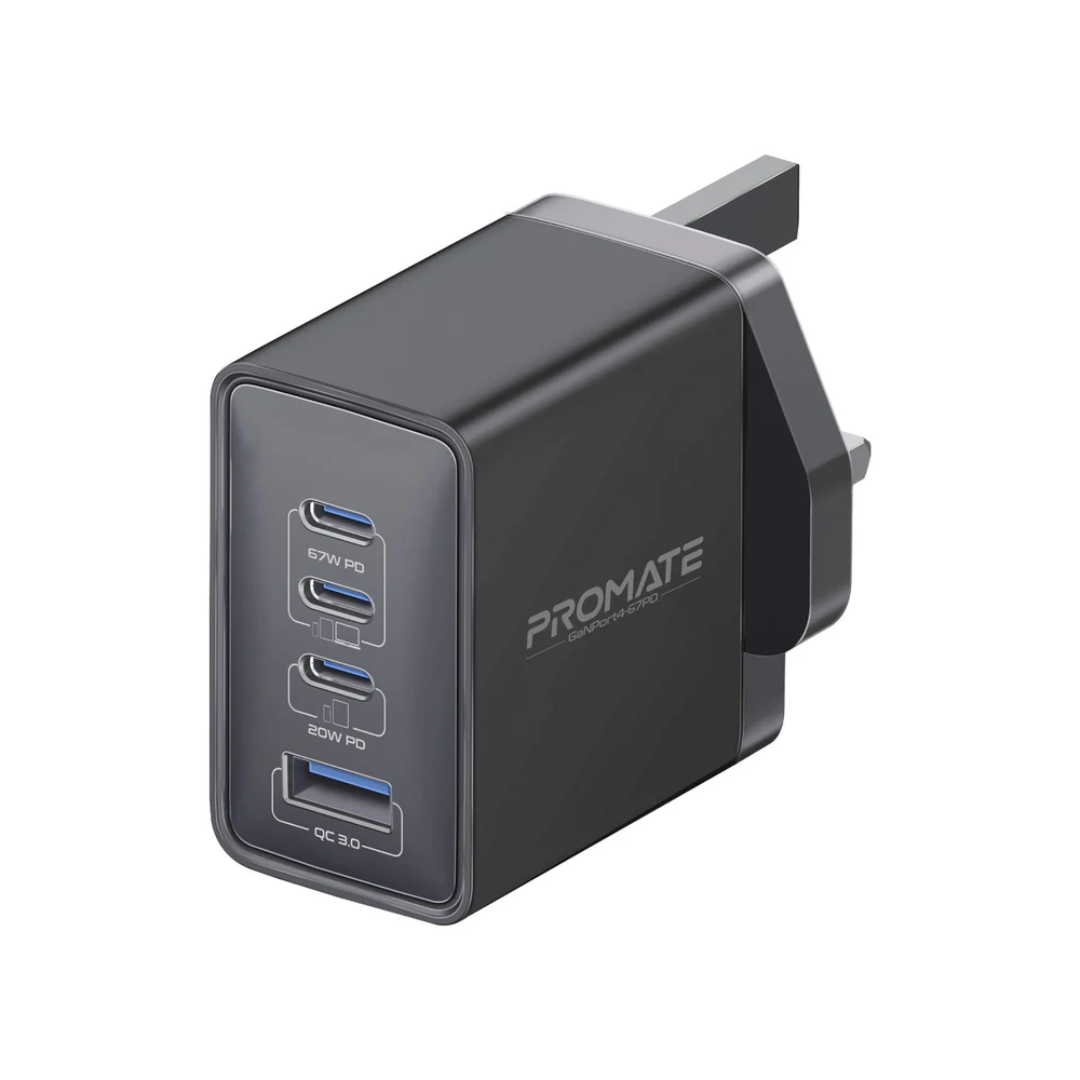 Promate 67W USB-C GaN Wall Charger, Ultra-Compact Dual USB-C Power Delivery Laptop Charger