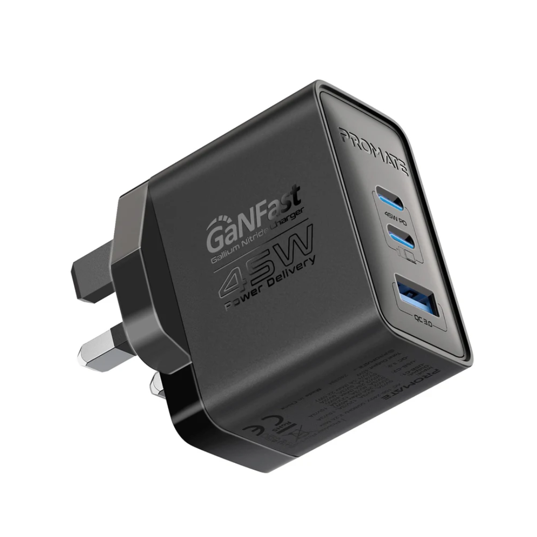 Promate PowerPort-45 45W Power Delivery GaNFast™ Charger with Quick Charge 3.0