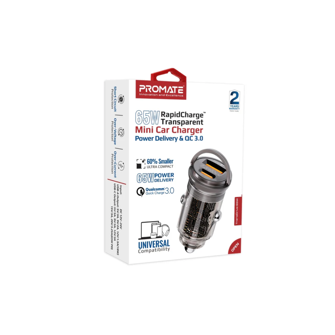Promate TransDrive-65W 65W RapidCharge™ Transparent Mini Car Charger with Power Delivery & QC 3.0 - Image 2