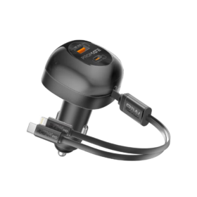 Car Charger With 81W Total Output, Super-Fast PD36W USB-C Port, Ultra-Fast Retractable 45W PD USB-C Cable, 27W Lightning Retractable Cable, 18W QC 3.0 Port, Charge Protection, PowerDrive-RCi81 black