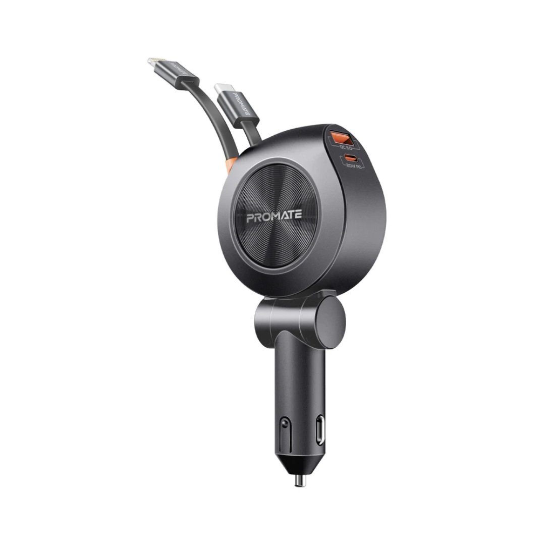 Promate DriveGear-R2 88W Multi-Port Car Charger with Dual Retractable USB-C Cables