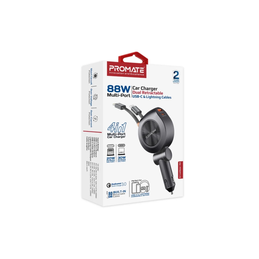 Promate DriveGear-R2 88W Multi-Port Car Charger with Dual Retractable USB-C Cables - Image 2