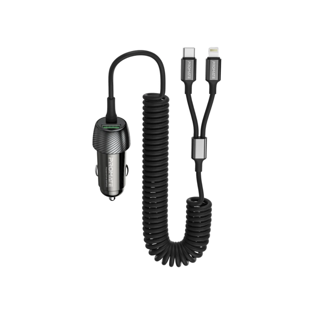 Promate PowerDrive-33PDCI 33W Car Charger with Lightning Connector & USB-C Cable