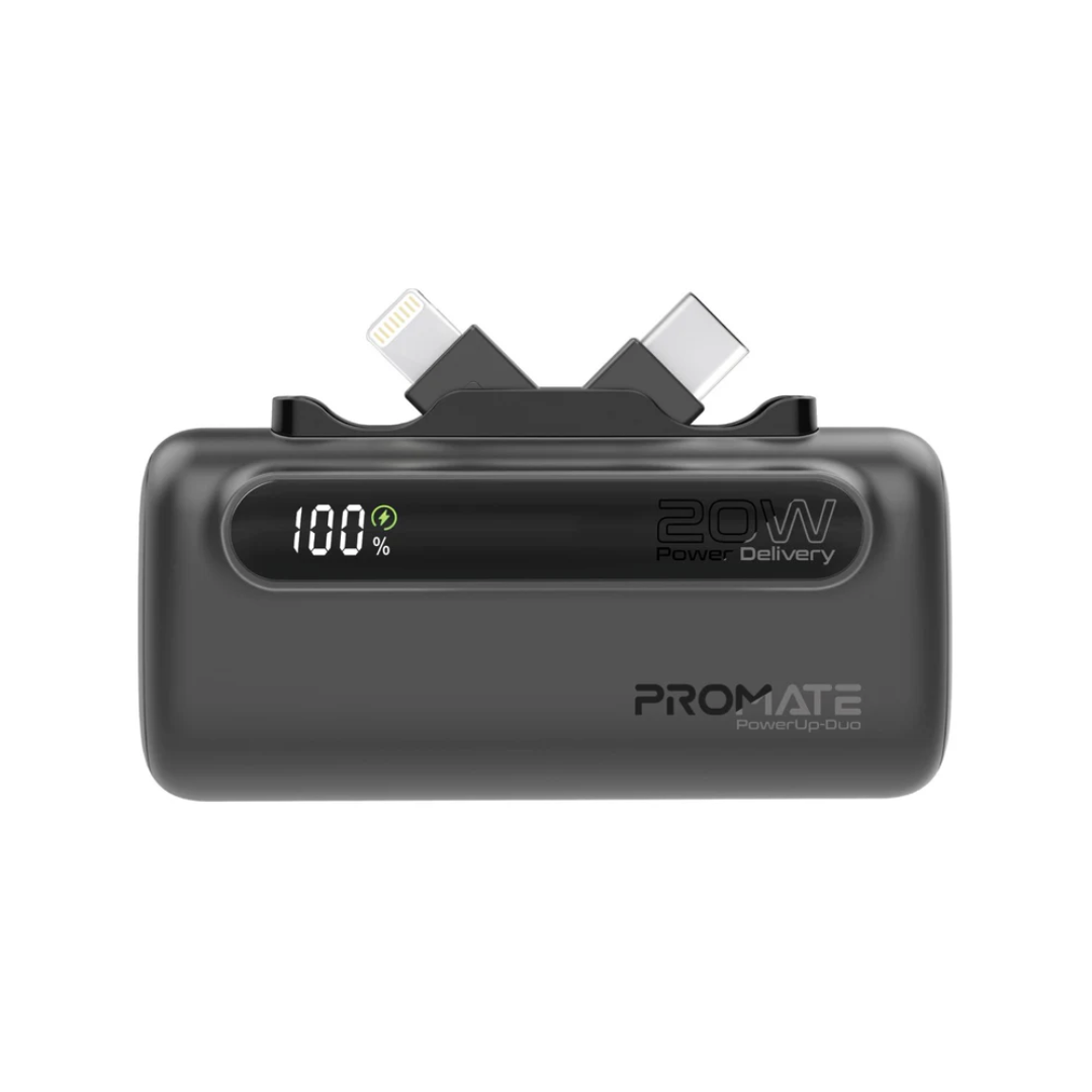 Promate PowerUp-Duo Ultra-Compact Fast Charging Power Bank with Dual foldable USB-C™ & Lightning Connectors