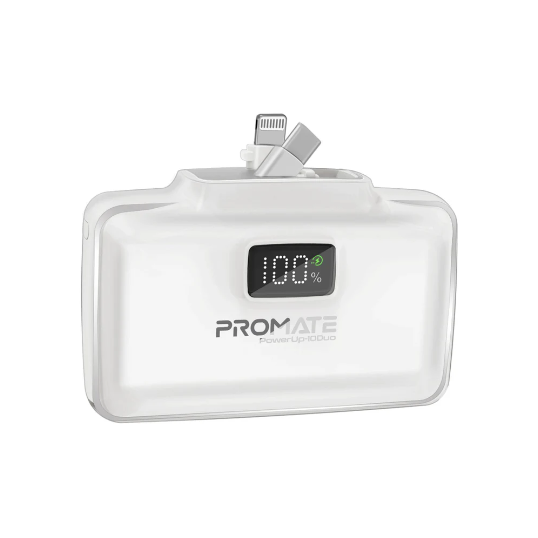 Promate PowerUp-10Duo Ultra-Compact Fast Charging Power Bank with Dual folding USB-C and Lightning Connectors