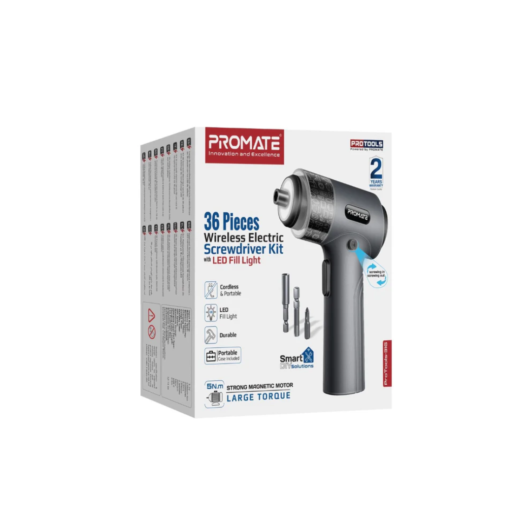 Promate ProTools-31G 36-Pieces Wireless Electric Screwdriver Kit with LED Fill Light - Image 2