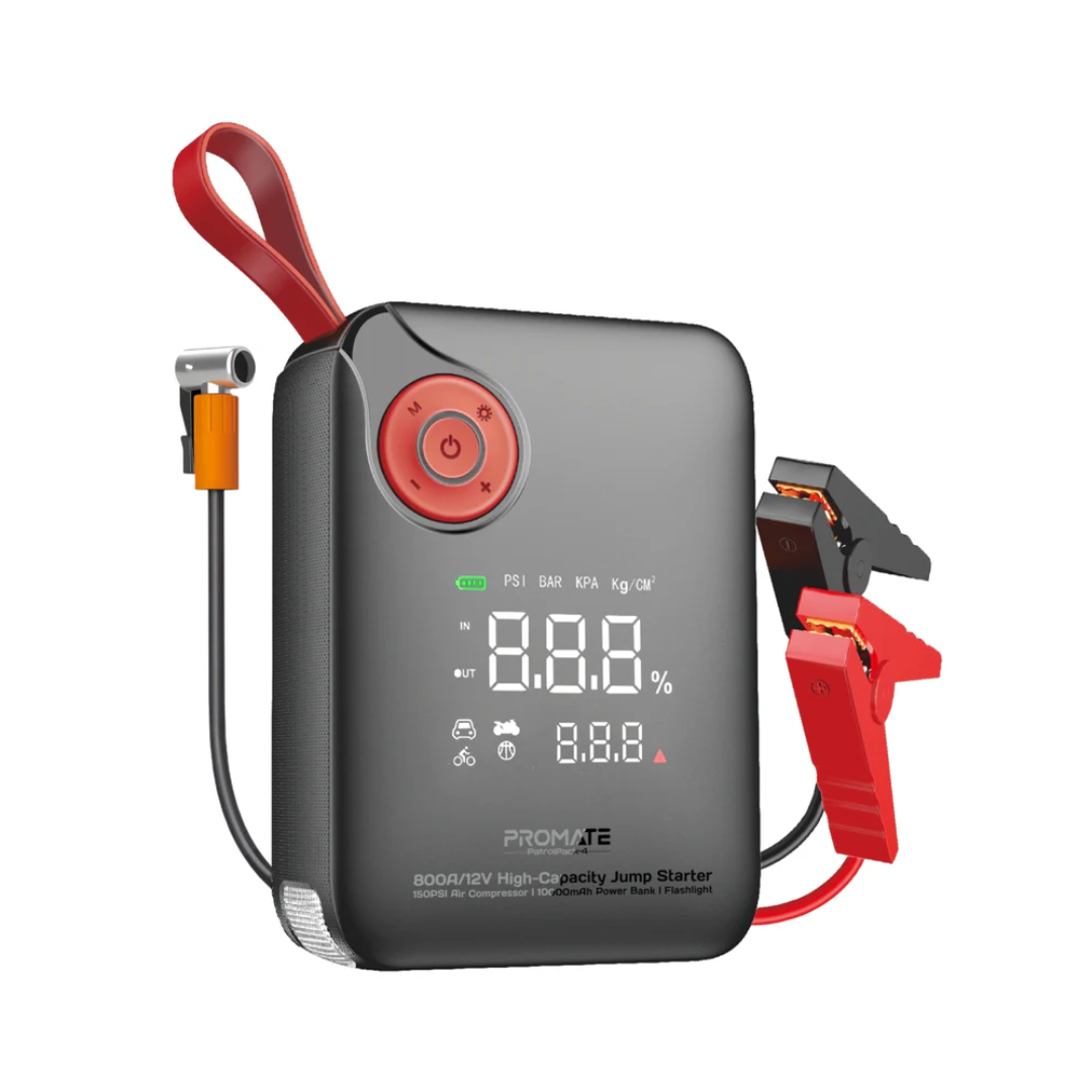 Promate PatrolPack-4 800A/12V High-Capacity Jump Starter 150PSI Air Compressor with 10000mAh Power Bank & Flashlight
