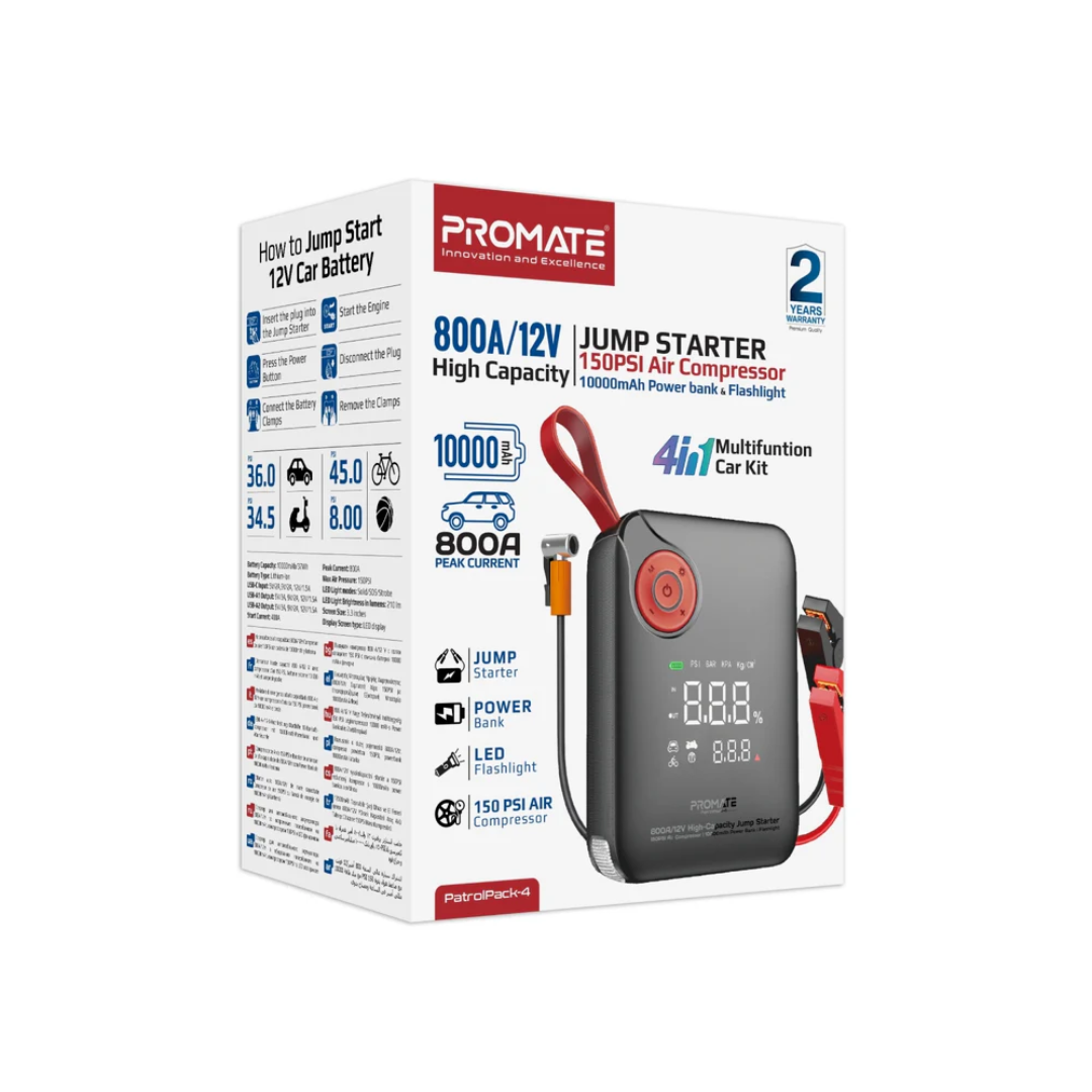 Promate PatrolPack-4 800A/12V High-Capacity Jump Starter 150PSI Air Compressor with 10000mAh Power Bank & Flashlight - Image 2