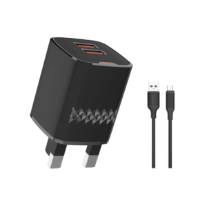 Green Lion Dual Port Wall Charger With USB-A To USB-C Cable 1m - Black