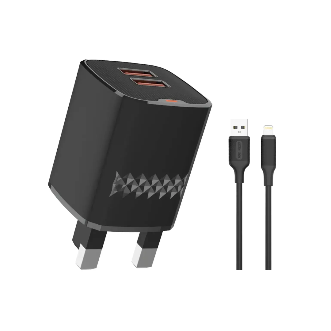 Green Lion Dual Port Wall Charger With USB-A To Lightning 1m Cable - Black