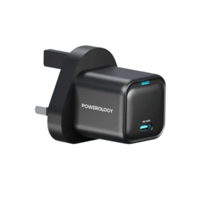 Powerology Single C Port Charger UK PD 20W , GaN Technology , Built-in Safeguards , Super- Compact Charger - Black
