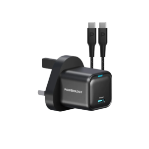 Powerology 20W Single C Port PD Charger UK with Type C to C 60W Cable - Black