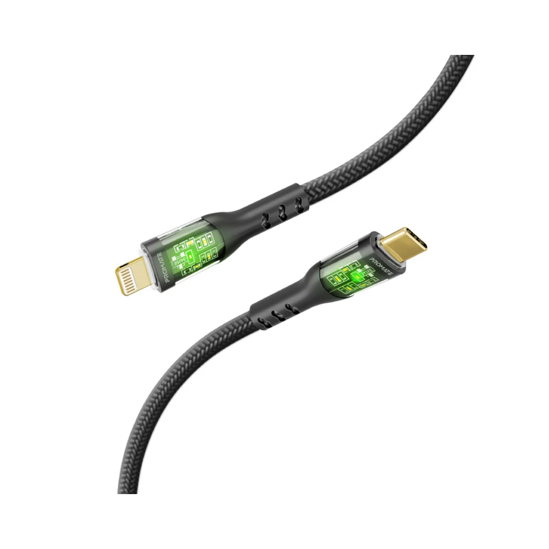 Promate TransLine-Ci 27W Power Delivery USB-C to Lightning Cable with Transparent Shells 1.2m
