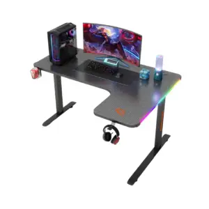 Porodo Gaming Xcommand Carbon Fiber Material Gaming Table with Headphone Mount, Large Surface, Carbon Fiber, Heat Resistant, Water Resistant, Remote Control, Patented Design, Textured Chipboard, Cup Holder, RGB Panel - Black