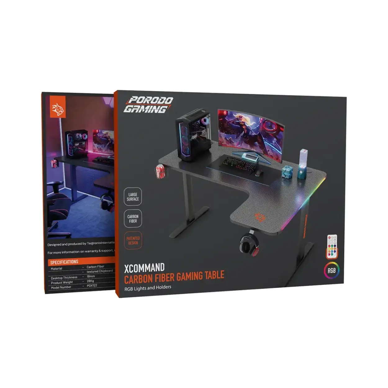 Porodo Gaming Xcommand Carbon Fiber Material Gaming Table with Headphone Mount, Large Surface, Carbon Fiber, Heat Resistant, Water Resistant, Remote Control, Patented Design, Textured Chipboard, Cup Holder, RGB Panel - Black - Image 2