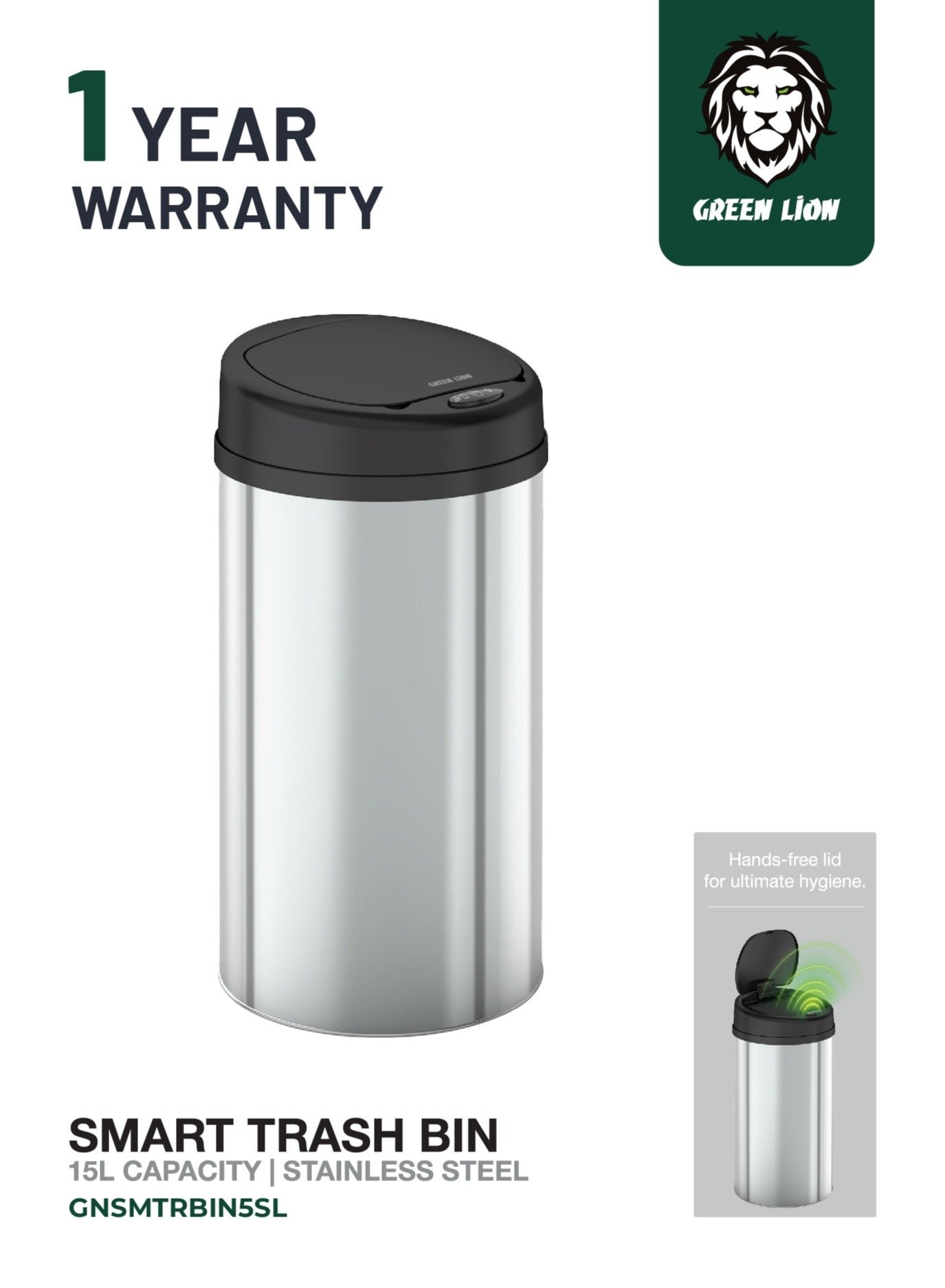 Green Lion Smart Trash Bin with 15L Capacity & Stainless Steel Material - Silver - Image 7