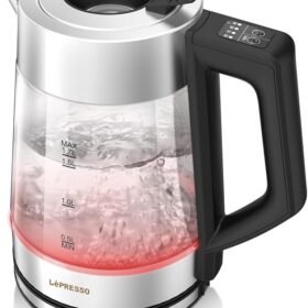 LePresso Electric Kettle with Temperature Control, 1.8L Large Capacity with Auto Shut-Off and Boil-Dry Protection, Glass Tea Kettle & Hot Water Boiler, 360° Swivel Base, BPA Free, Stainless Steel