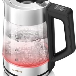 LePresso Electric Kettle with Temperature Control, 1.8L Large Capacity with Auto Shut-Off and Boil-Dry Protection, Glass Tea Kettle & Hot Water Boiler, 360° Swivel Base, BPA Free, Stainless Steel