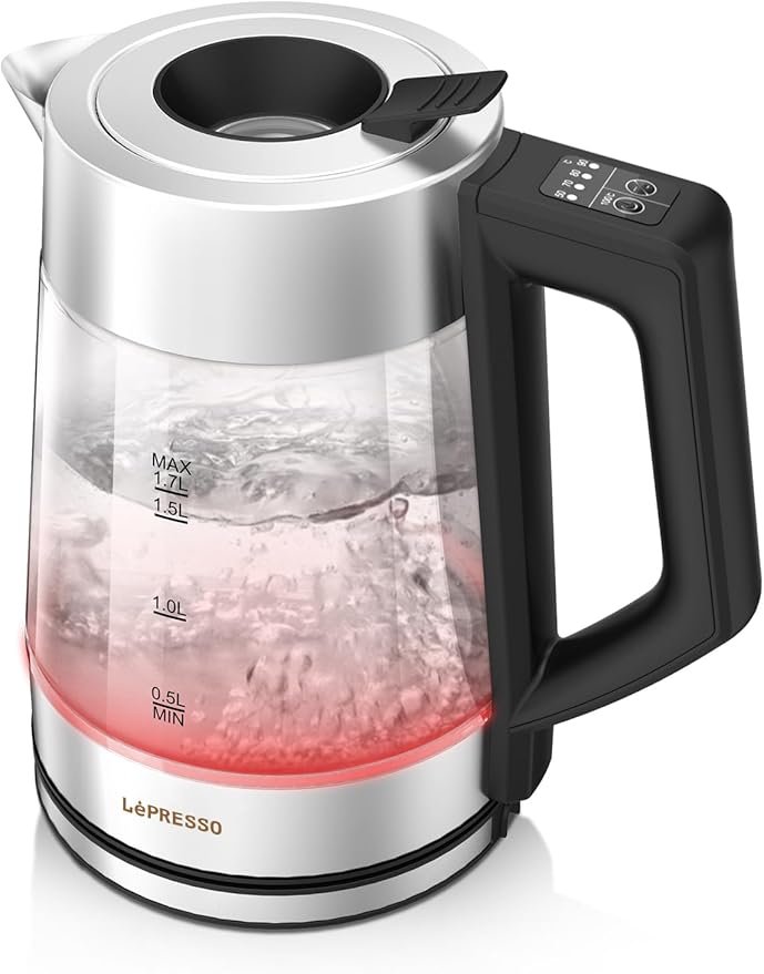 LePresso Electric Kettle with Temperature Control, 1.8L Large Capacity with Auto Shut-Off and Boil-Dry Protection, Glass Tea Kettle & Hot Water Boiler, 360° Swivel Base, BPA Free, Stainless Steel