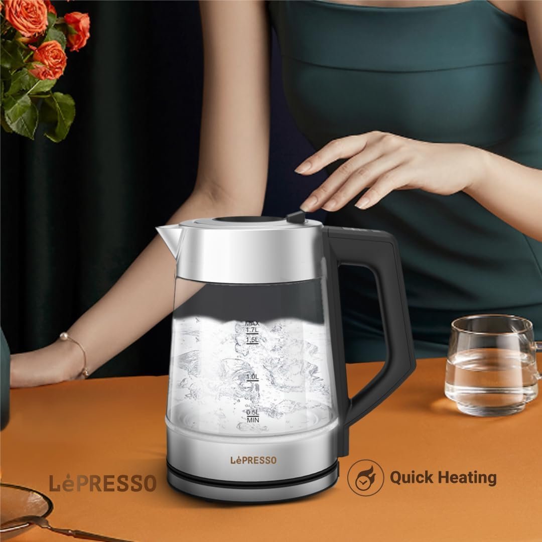 LePresso Electric Kettle with Temperature Control, 1.8L Large Capacity with Auto Shut-Off and Boil-Dry Protection, Glass Tea Kettle & Hot Water Boiler, 360° Swivel Base, BPA Free, Stainless Steel - Image 9
