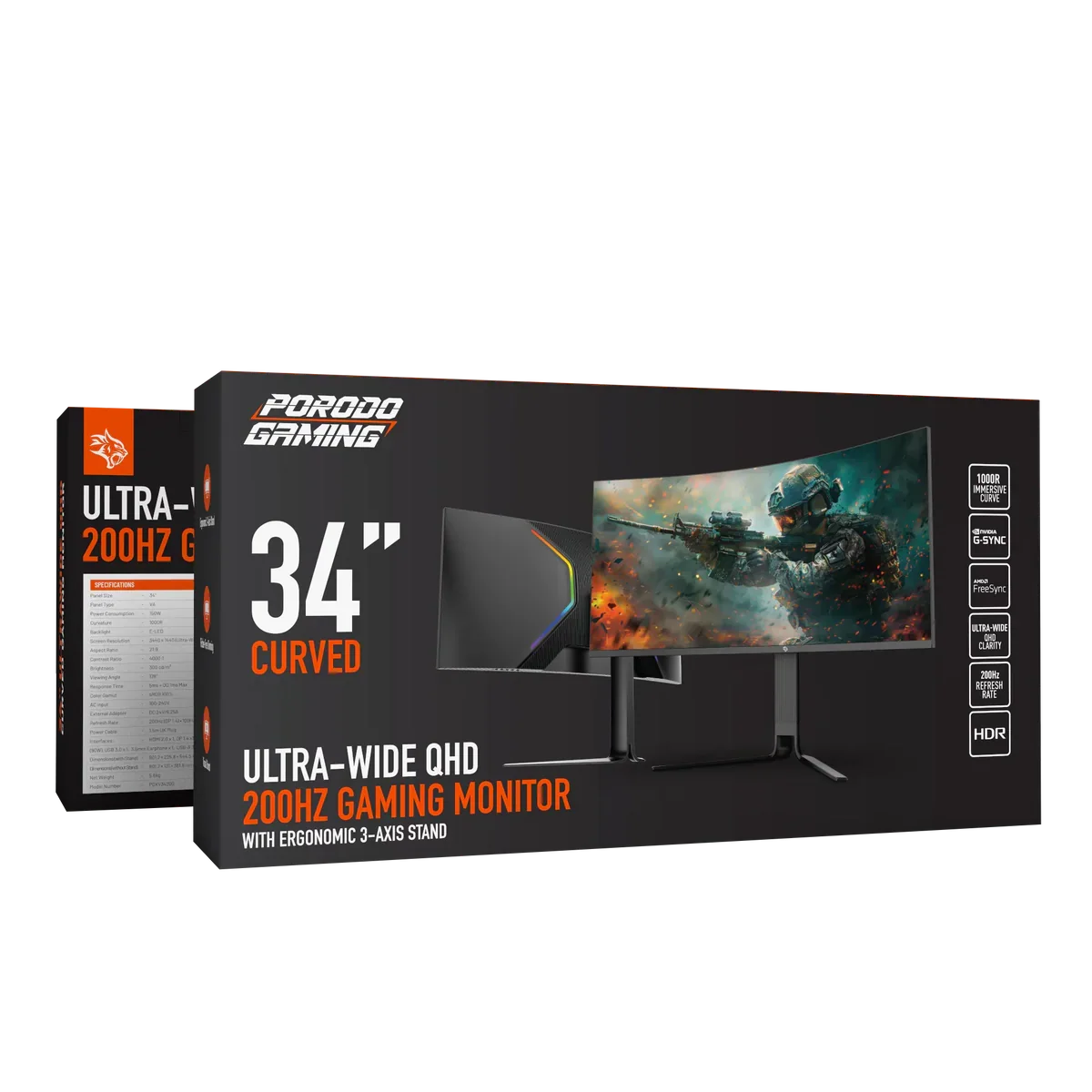 Porodo Gaming Ultra-Wide QHD 200Hz Gaming 34" Monitor with Ergonomic 3-Axis Stand - Black - Image 2