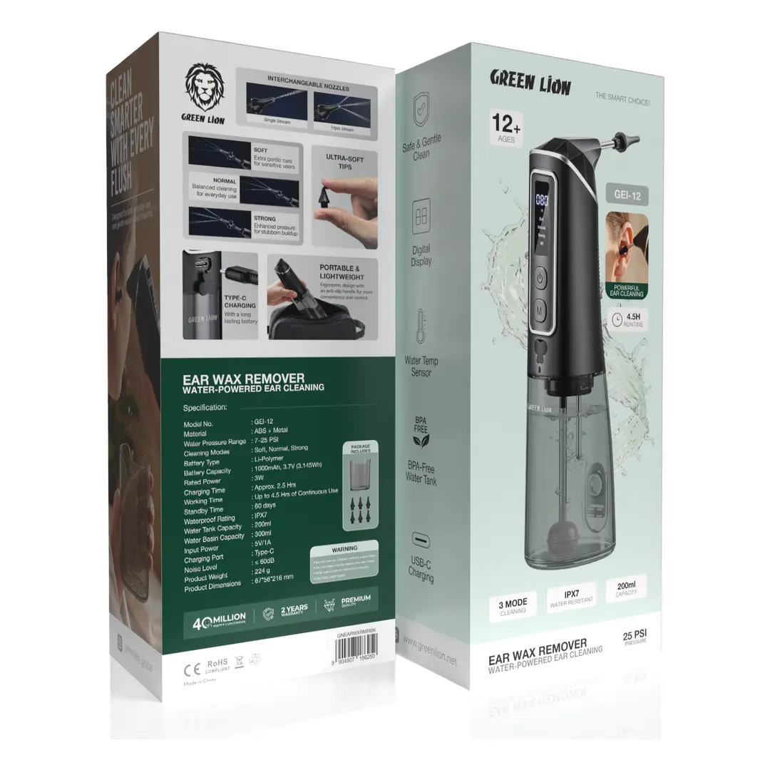 Green Lion Ear Wax Remover with Water-Powered Ear Cleaning - Black - Image 5