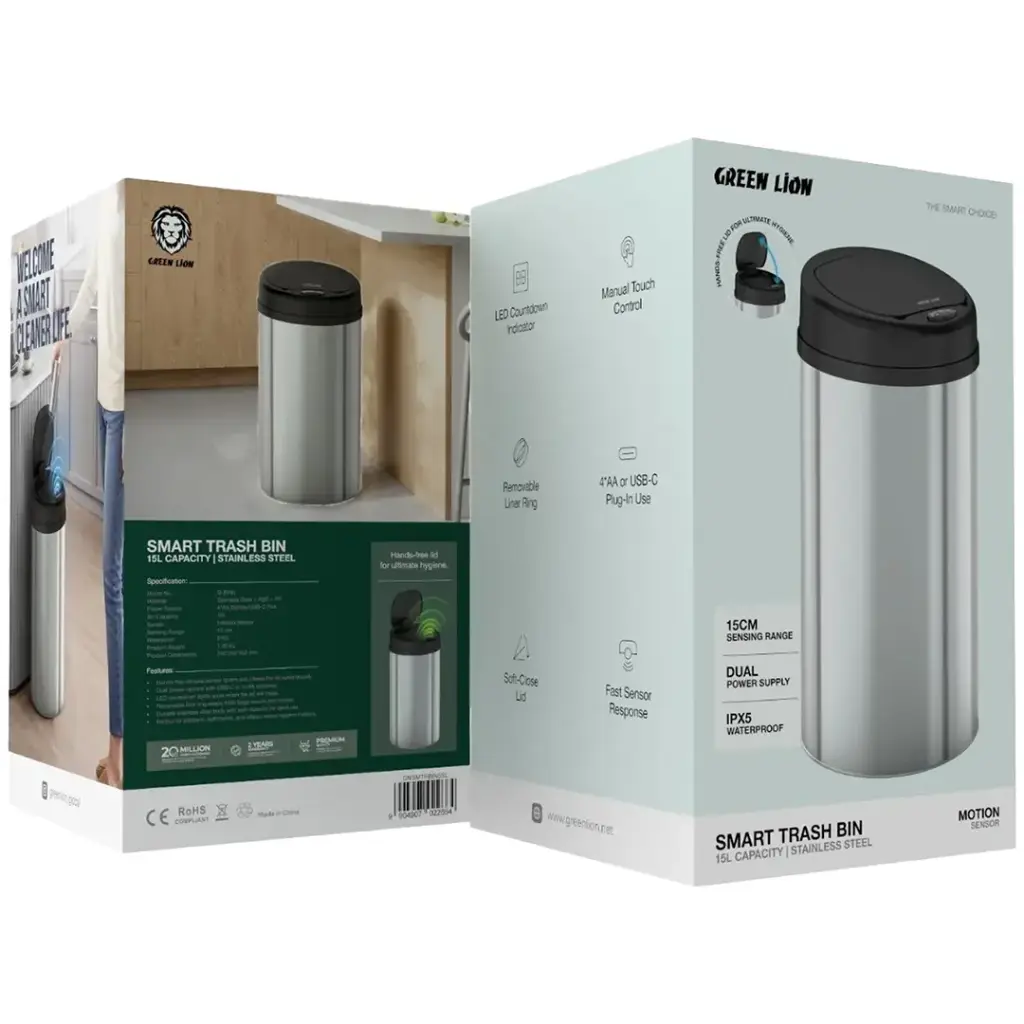 Green Lion Smart Trash Bin with 15L Capacity & Stainless Steel Material - Silver - Image 6