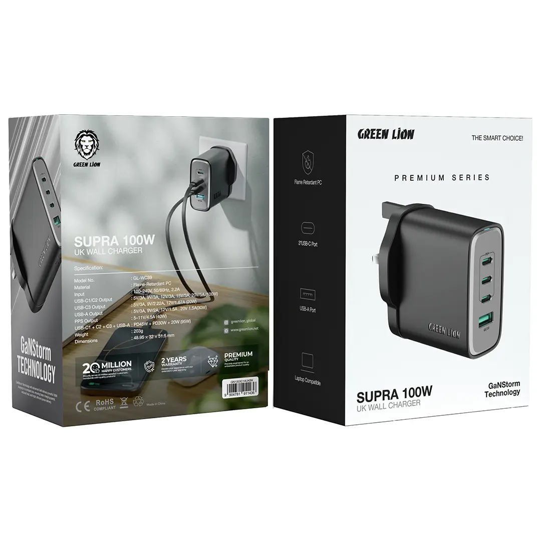 Green Lion Supra 100W UK Wall Charger - Black - Image 2