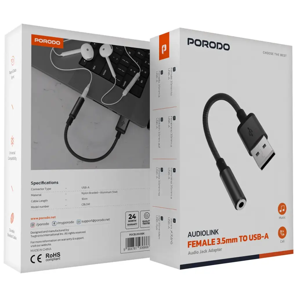 Porodo Audiolink Female 3.5mm to USB-A Audio Jack Adapter - Black - Image 2