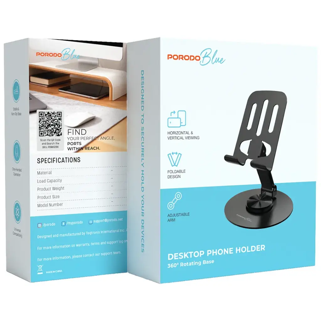 Porodo Blue Desktop Phone Holder 360° Rotating Base - Black - Image 4