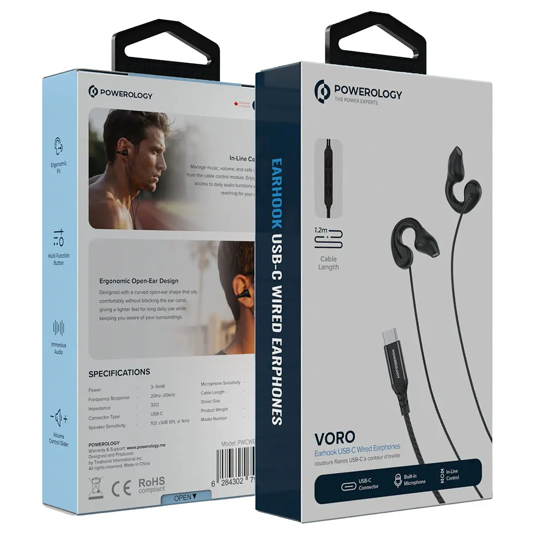 Powerology Voro Earhook USB-C Wired Earphones - Black - Image 4