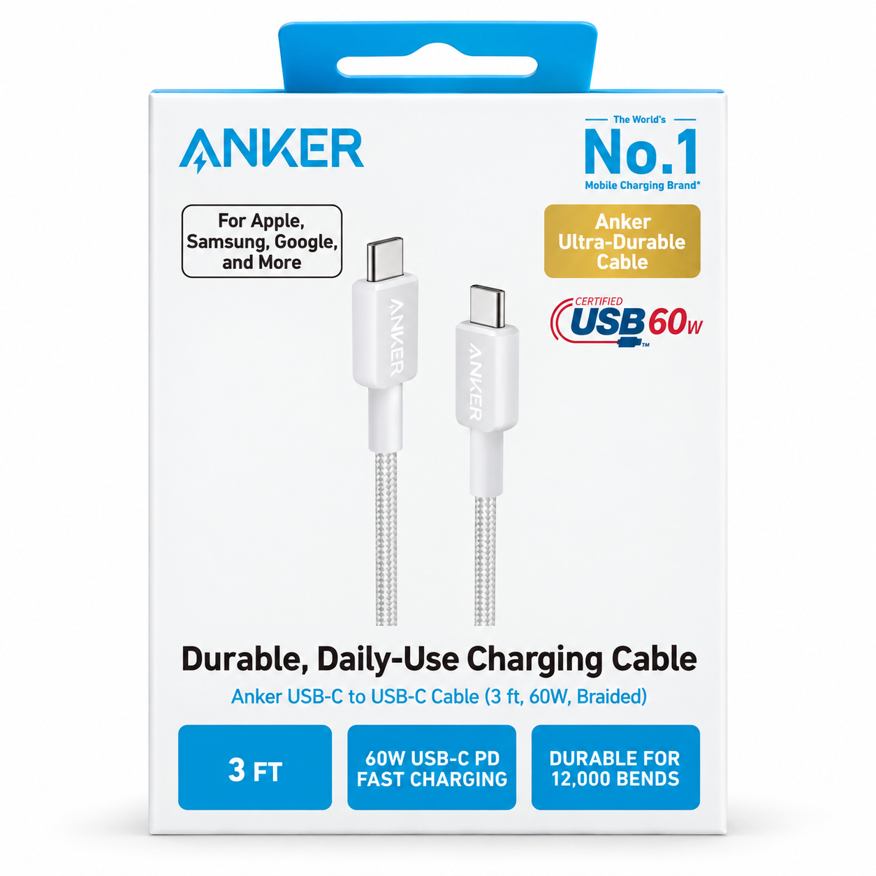 Anker 322 USB-C to USB-C Cable (3ft Braided) - White (A81F5H21) - Image 6