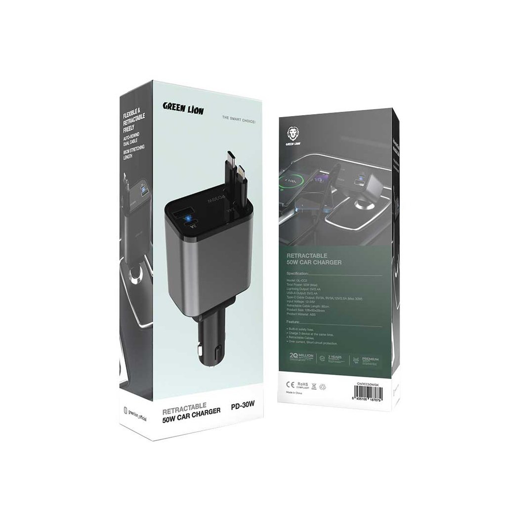 Green Lion Retractable 50W Car Charger- Black - Image 2