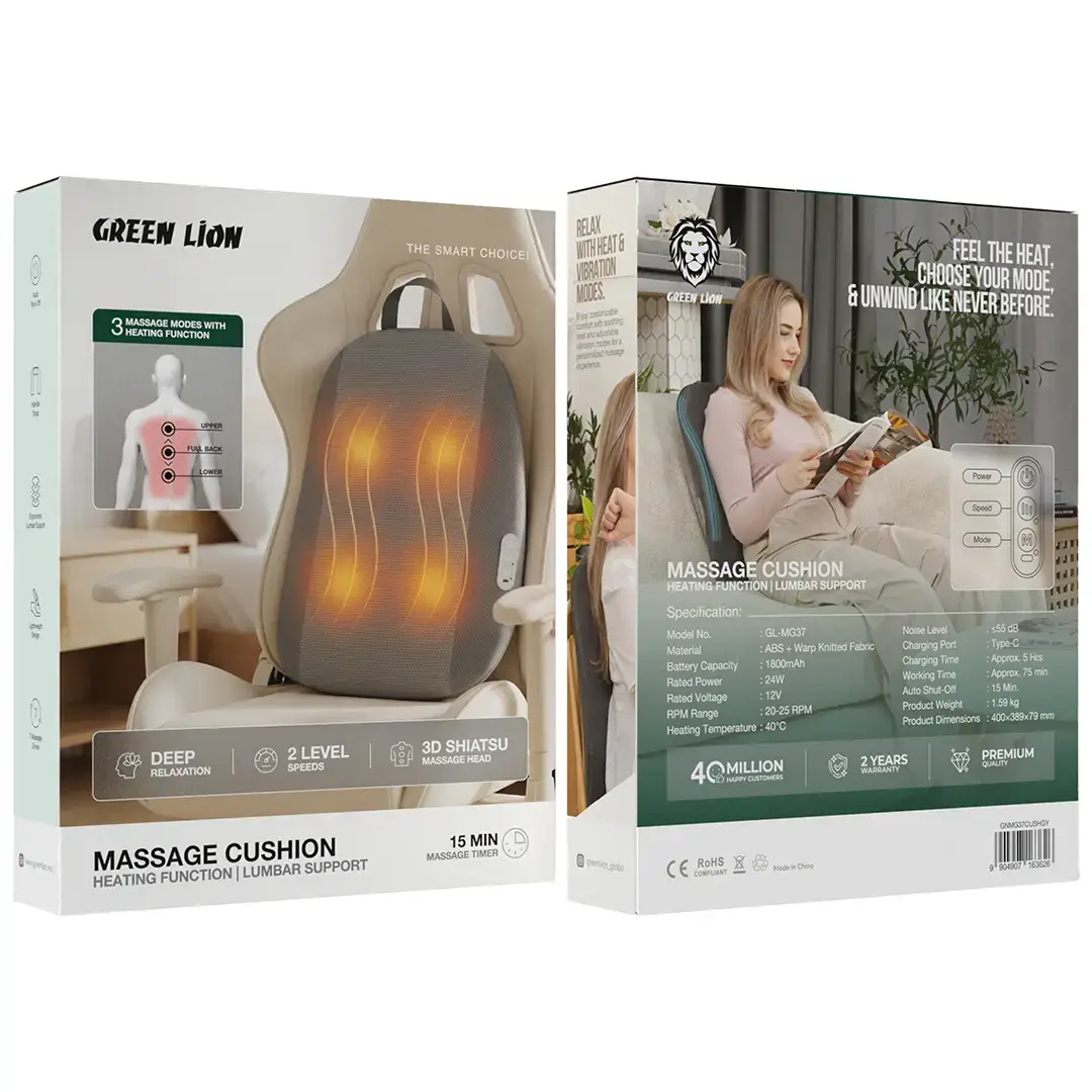 Green Lion Massage Cushion with Heating Function and Lumbar Support - Grey - Image 2