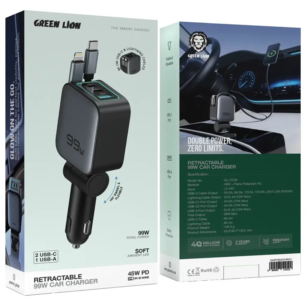 Green Lion Retractable 99W Car Charger - Black - Image 2