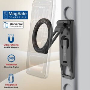 Promate Axon-Go Magnetic Phone Holder, 16 N52 Strong Magnets, MagSafe Compatible, 360 Degree Rotating Arm, Integrated Carrying Hook, Multi Purpose Utility Hook, Black | Axon-Go