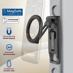 Promate Axon-Go Magnetic Phone Holder, 16 N52 Strong Magnets, MagSafe Compatible, 360 Degree Rotating Arm, Integrated Carrying Hook, Multi Purpose Utility Hook, Black | Axon-Go