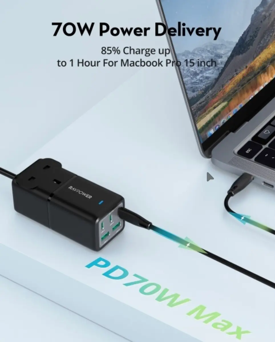 RavPower PC1062 PD 75W Desk Charger 3C 2A & Travel Charger Adapter - Black - Image 2