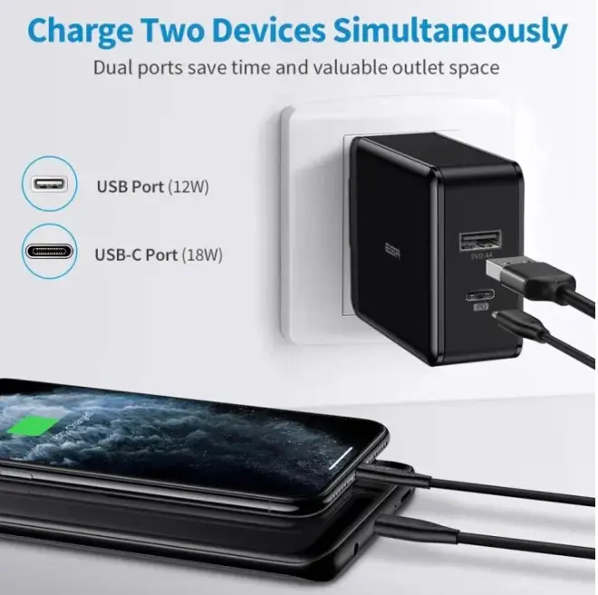 ESR 30W Type-C PD & USB-A Dual Port Quick Charger Fast Charging Wall Adapter For iPhone iPad & USB Devices - Black - Image 2