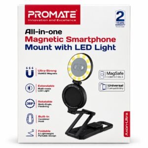 PROMATE  Axon-Ultra Magnetic Phone Holder, Multi Function Stand Selfie Stick Tripod, Integrated LED Light, 360 Degree Rotation, Clamp Mount, Carrying Hook, 1/4 Inch Screw Mount, Black | Axon-Ultra