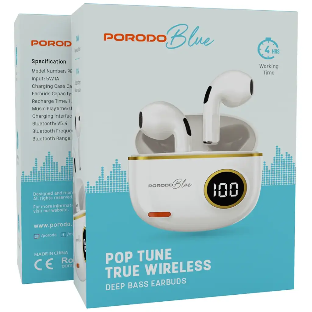 Porodo Blue Pop Tune True Wireless Deep Bass Earbuds - White - Image 4