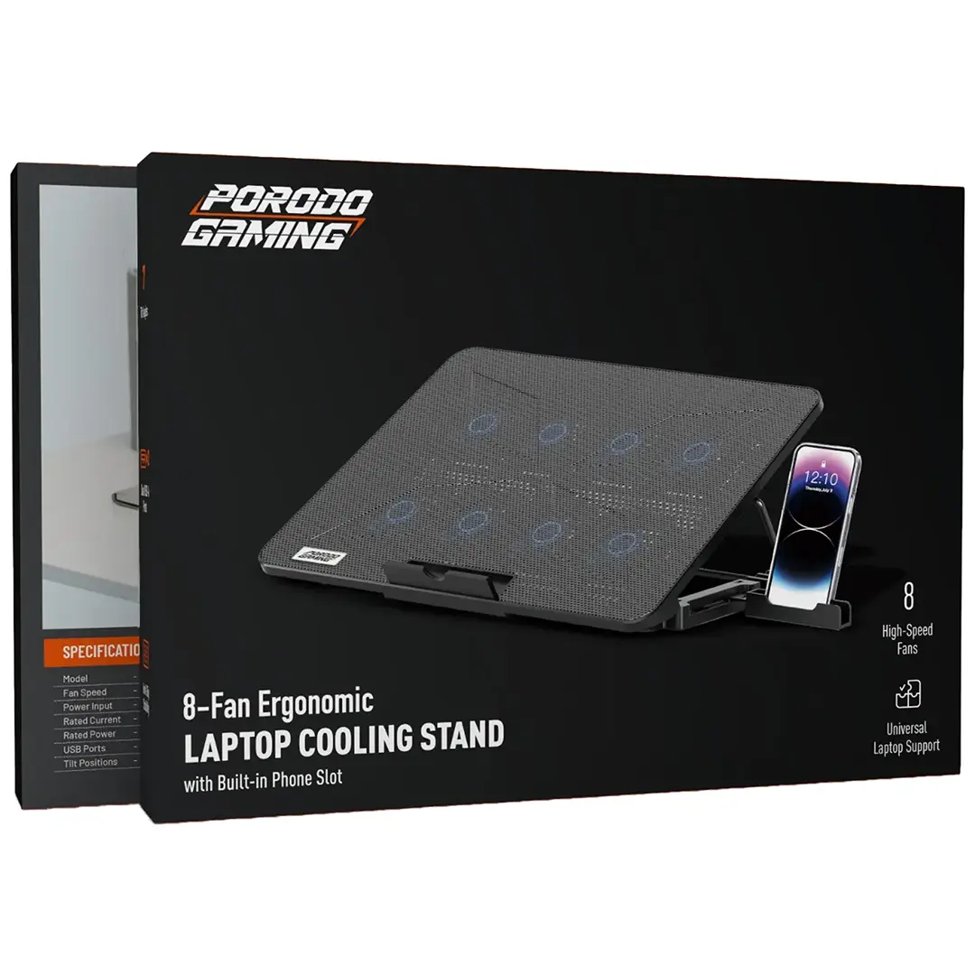 Porodo Gaming 8-Fan Ergonomic Laptop Cooling Stand with Built-In Phone Slot - Image 2