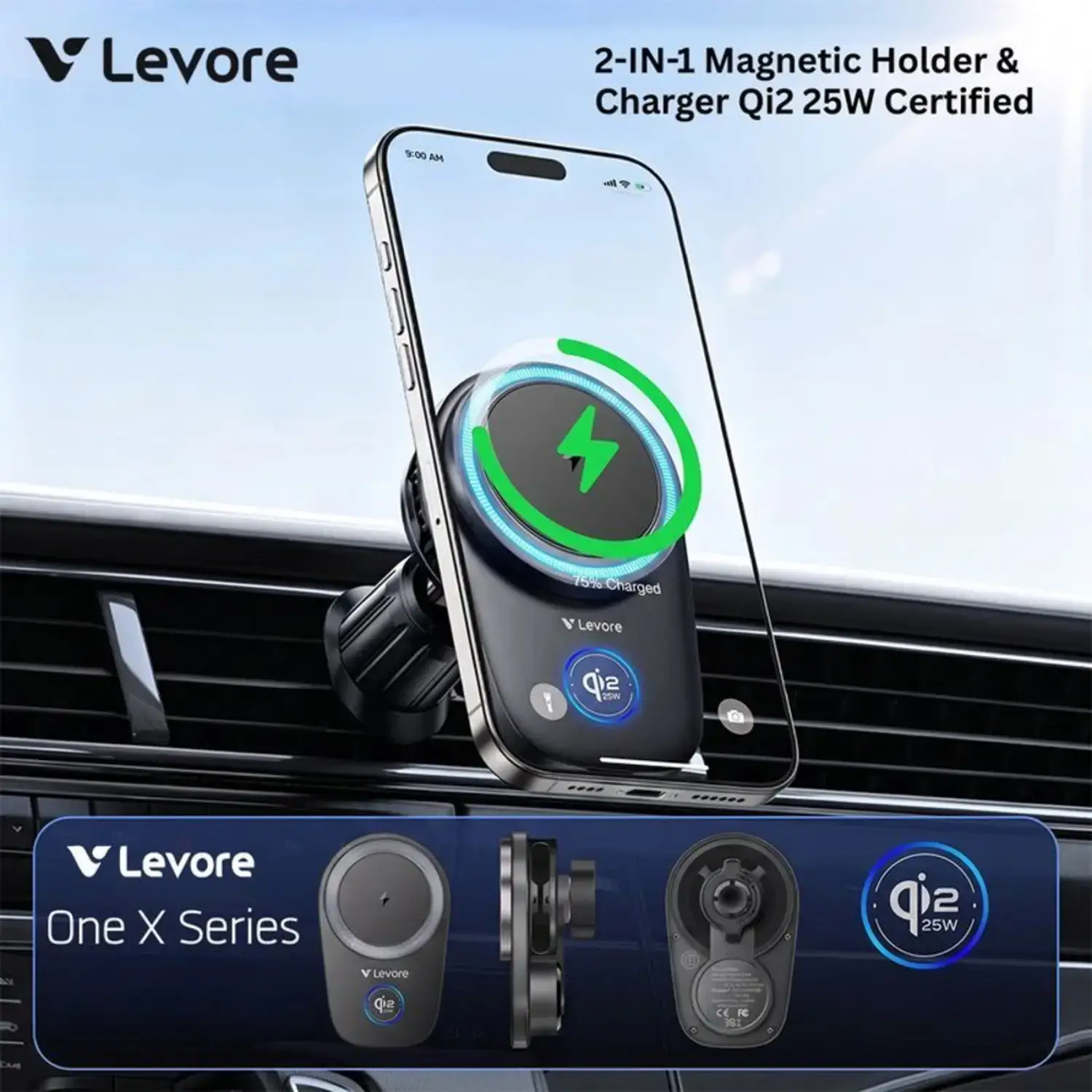 Levore One X Series Magnetic Wireless Charging Car Holder Black – LCH81 - Image 4