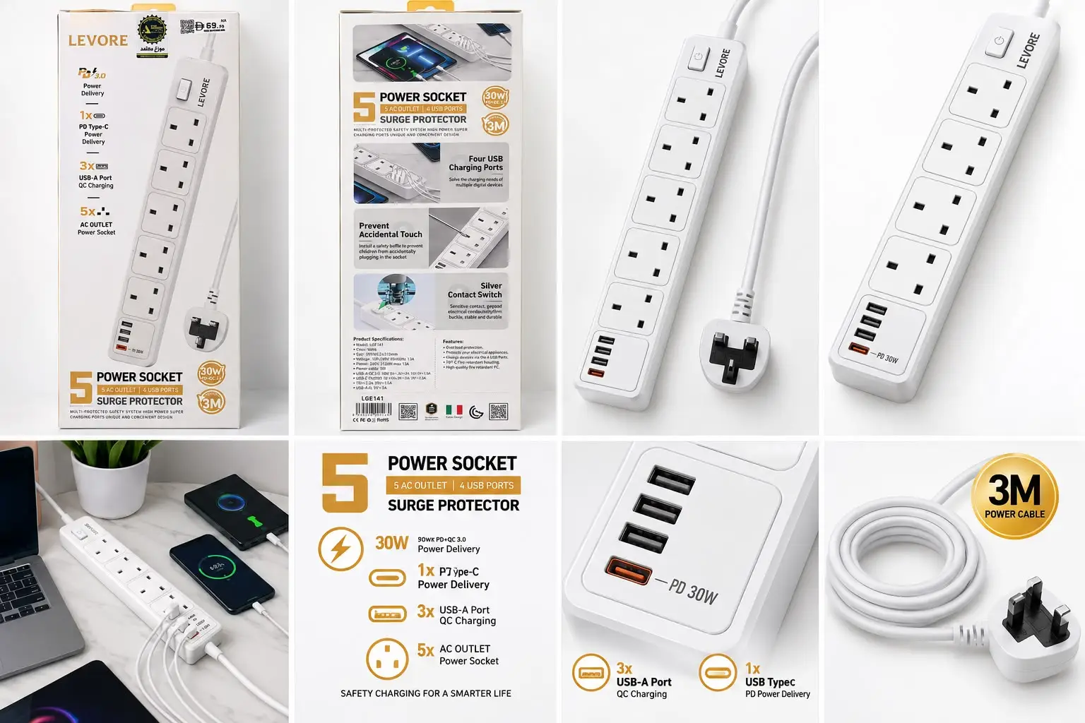 LEVORE POWER SOCKET 5AC OUTLET, 4USB PORTS LGE141 - Image 2