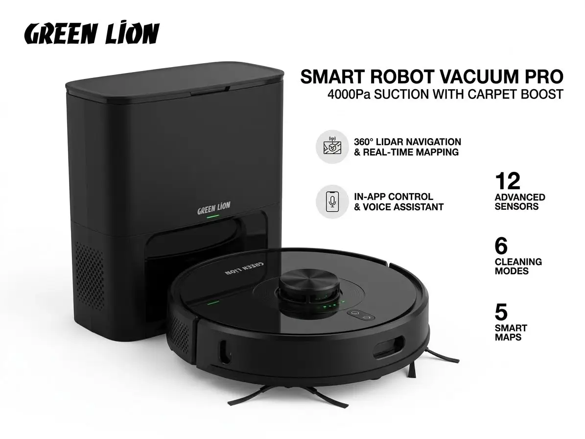 Green Lion Smart Robot Vacuum Pro 4000Pa Suction - Black
