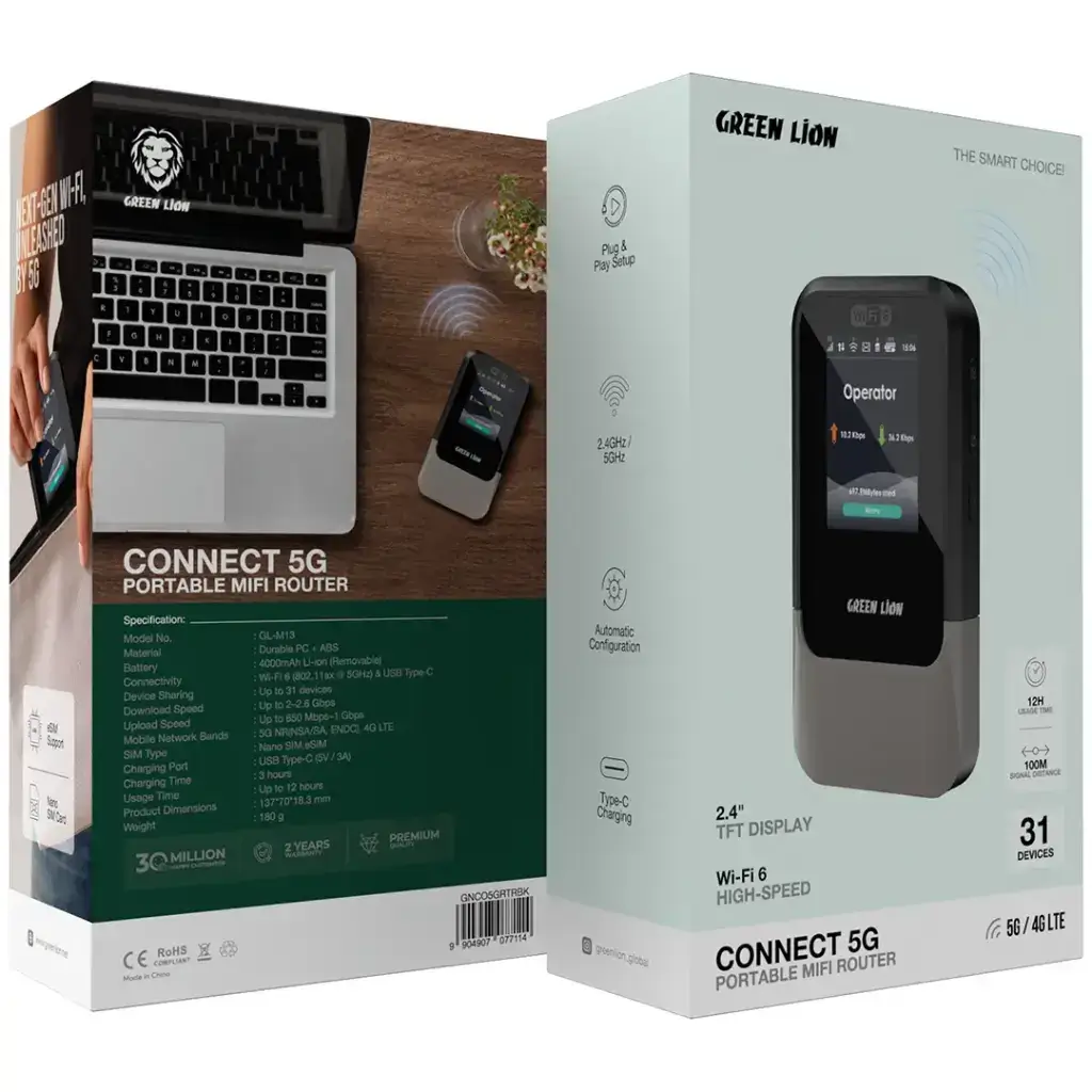 Green Lion 5G/4G MiFi Router, 6 GHz Portable WiFi, ESIM & Nano SIM Card Slot, Pocket-Sized Wi-Fi 6 Wireless - Image 3