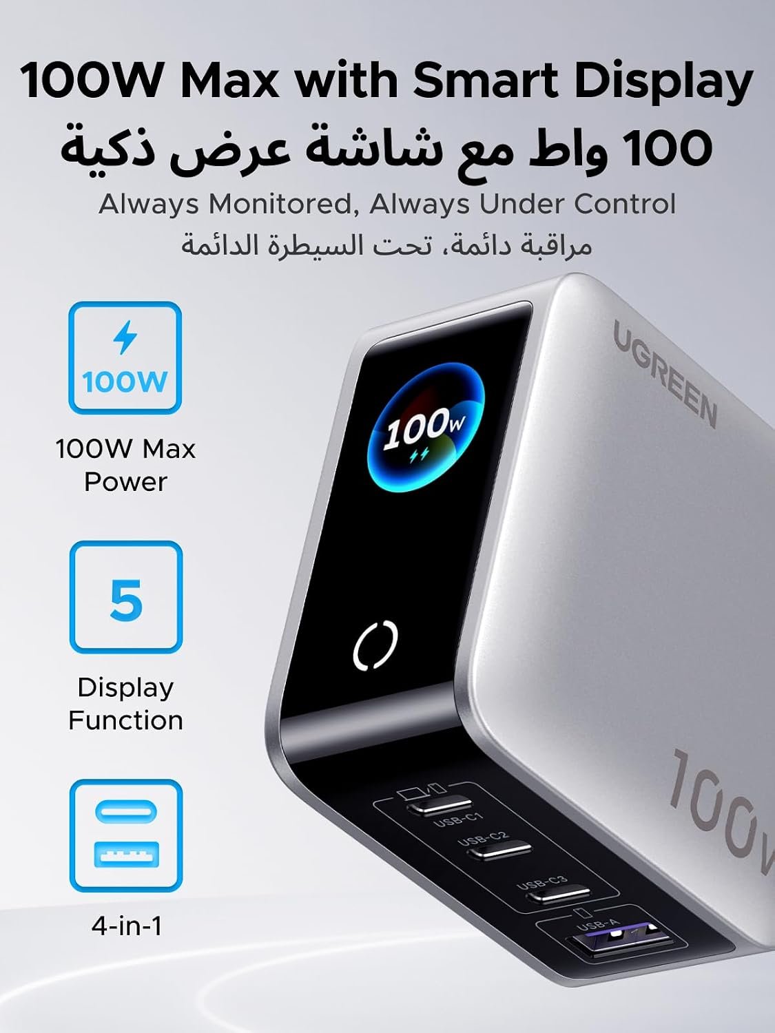 UGREEN Nexode Pro 100W USB Charger Type C with Smart Display, 4 Ports - Image 3
