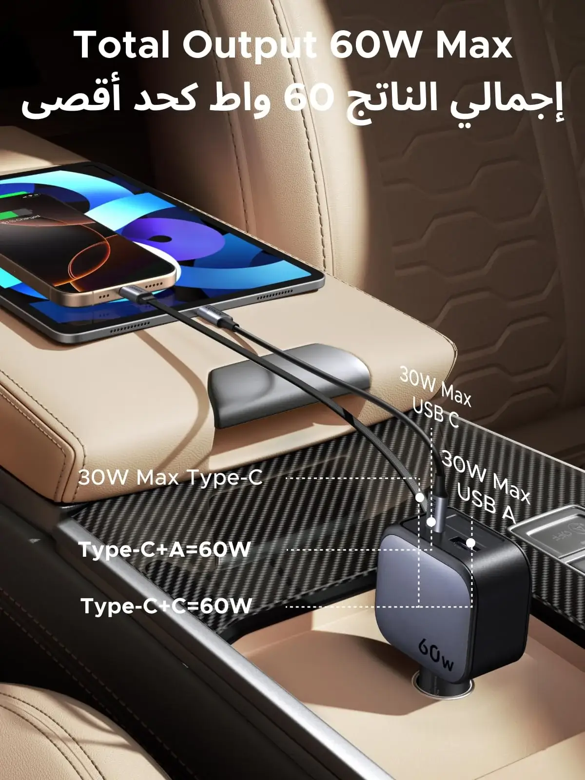 UGREEN Nexode Car Charger 60W with Retractable USB-C Cable - Image 2